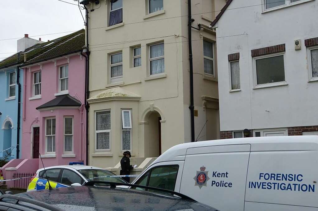 Police at the scene of the stabbing in Folkestone. Picture: @Kent_999s