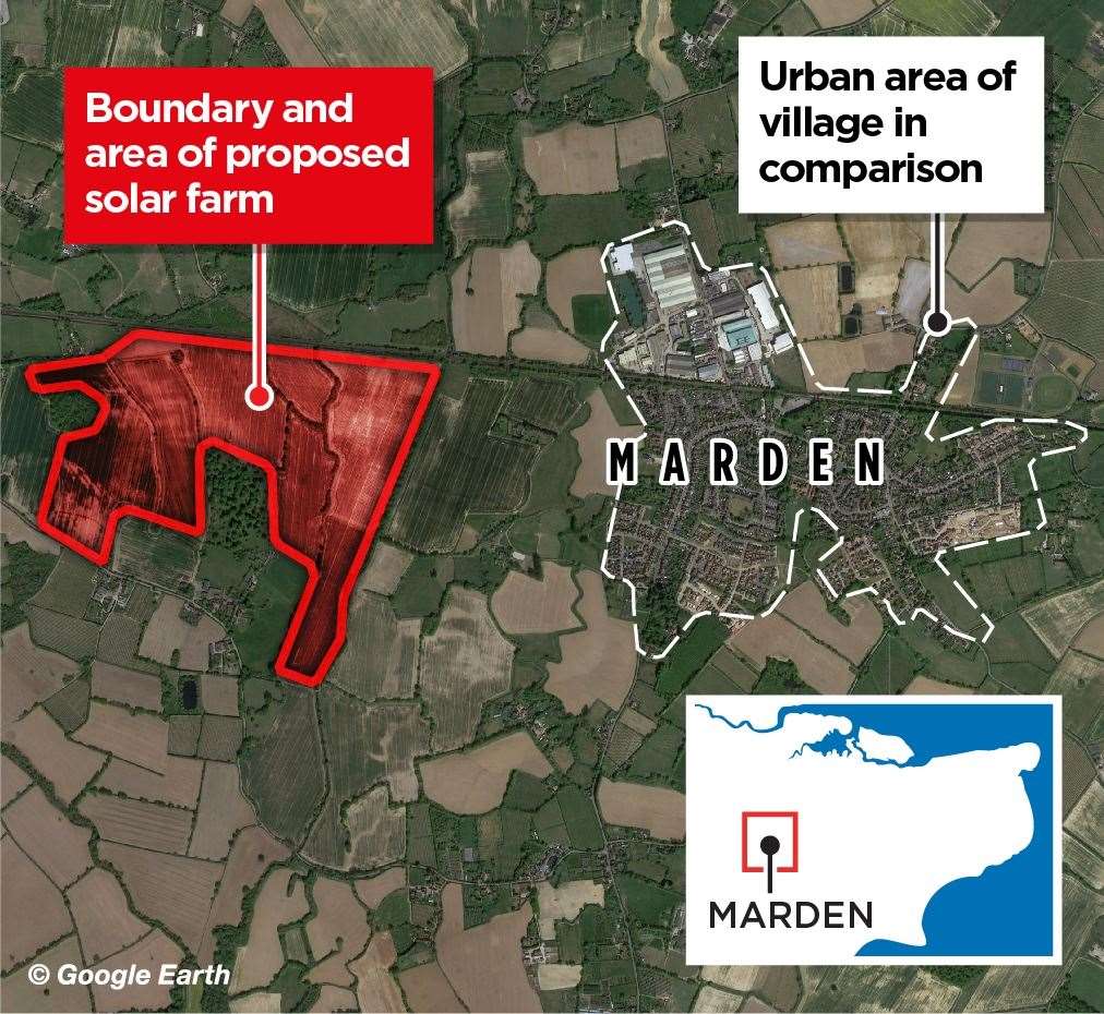 A map comparing the size of the proposed solar farm with the size of the village of Marden