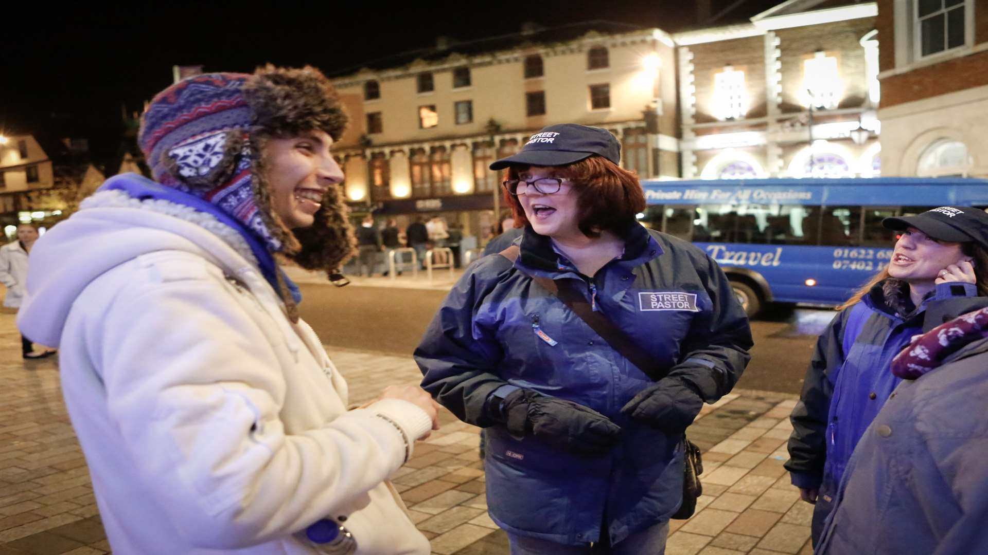 Maidstone Street Pastors out patrolling the streets on Saturday Night. Michelle Sheehan talks to bar promotors Becky and Shane. Picture: Matthew Walker.