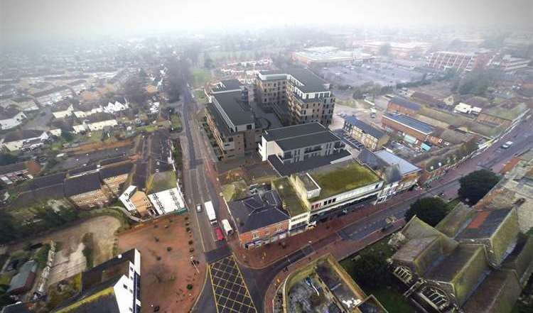 An aerial artist's impression of the plans for the former Bell Centre in Sittingbourne. Picture: Aria Group