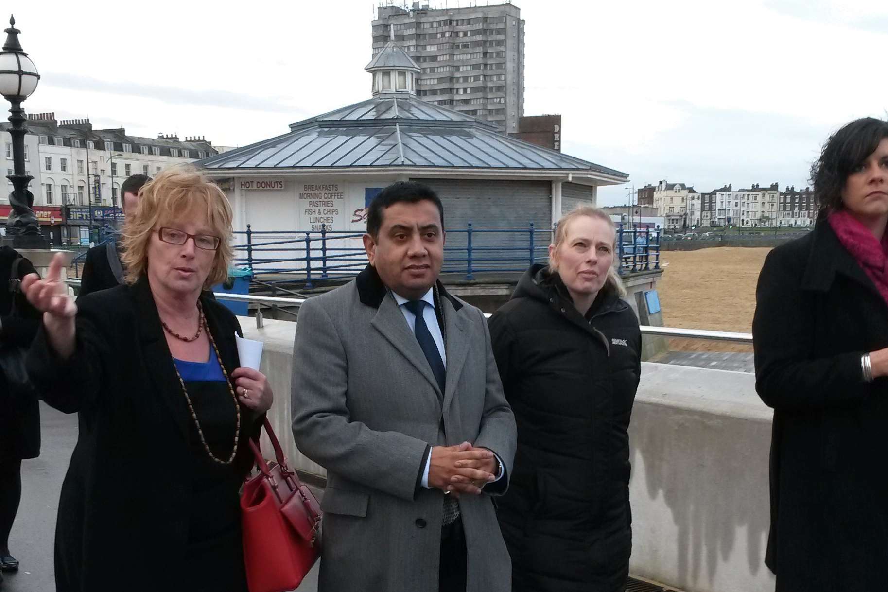 Lord Ahmad tours Margate with Iris Johnston (left) and Madeline Homer (right)