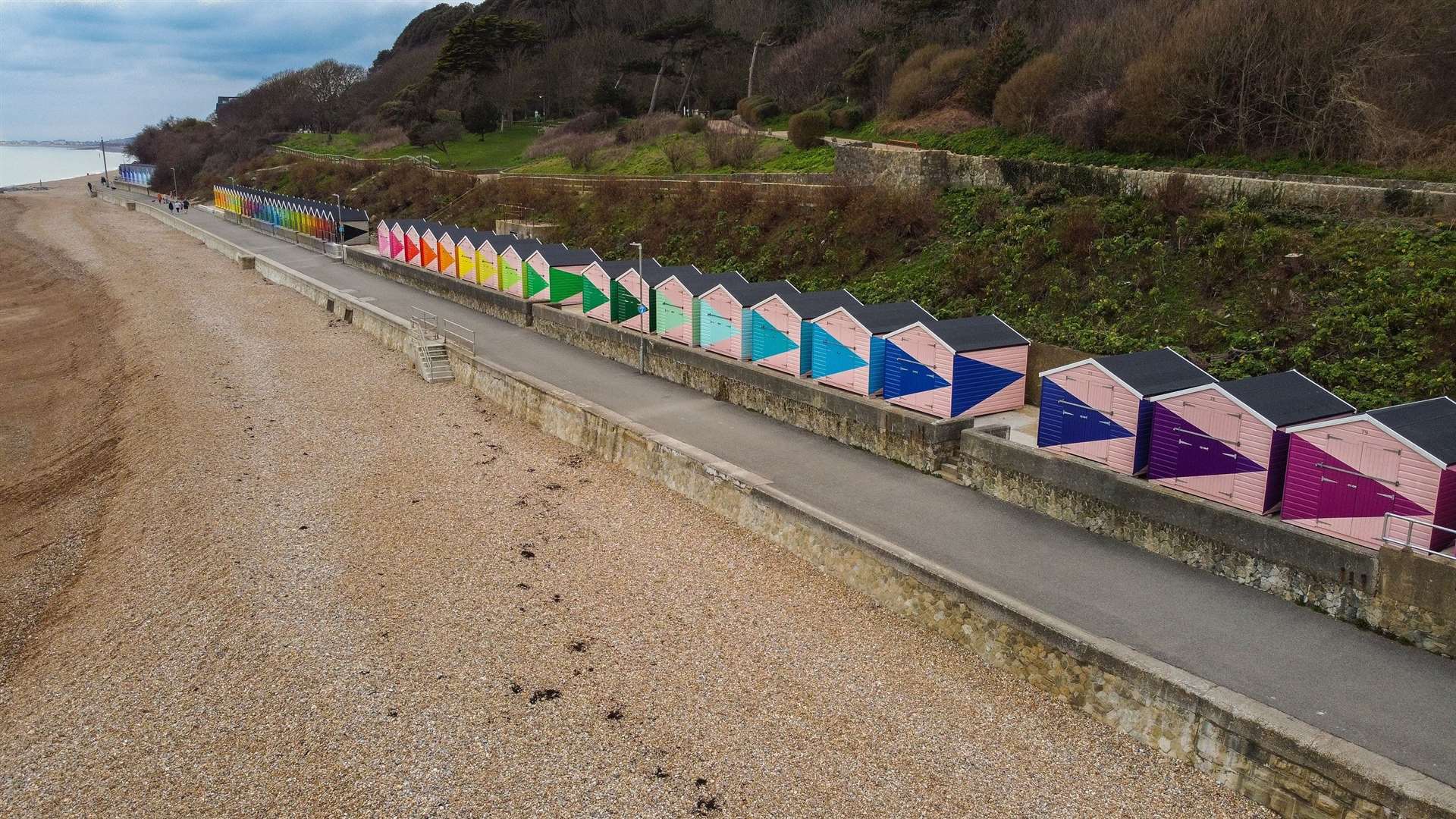 Folkestone's beach huts, by Rana Begum and commissioned for Creative Folkestone Triennial 2021 in partnership with Folkestone and Hythe District Council. Photo by Tom Bishop