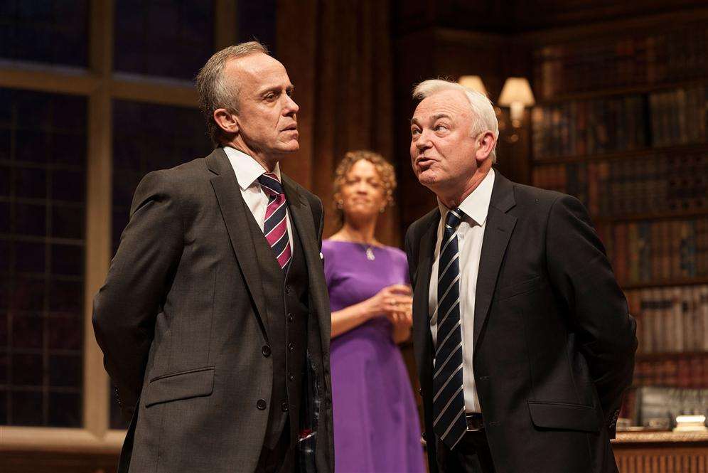 Crispin Redman as Sir Humphrey, Michael Fenton-Stevens as Prime Minister Jim Hacker and Indra Ové as Claire Sutton
