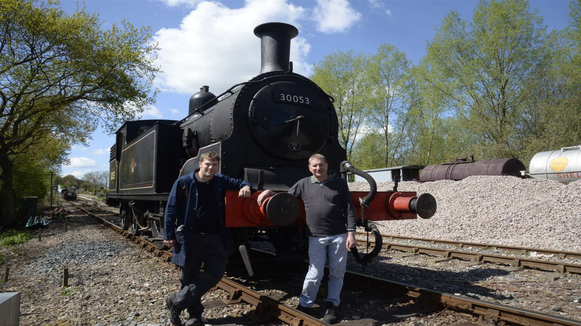 Kent & East Sussex Railway operating assistant Andy Hardy and operating manager Pete Salmon with M7 class locomotive which has arrived at the railway on a one month visit
