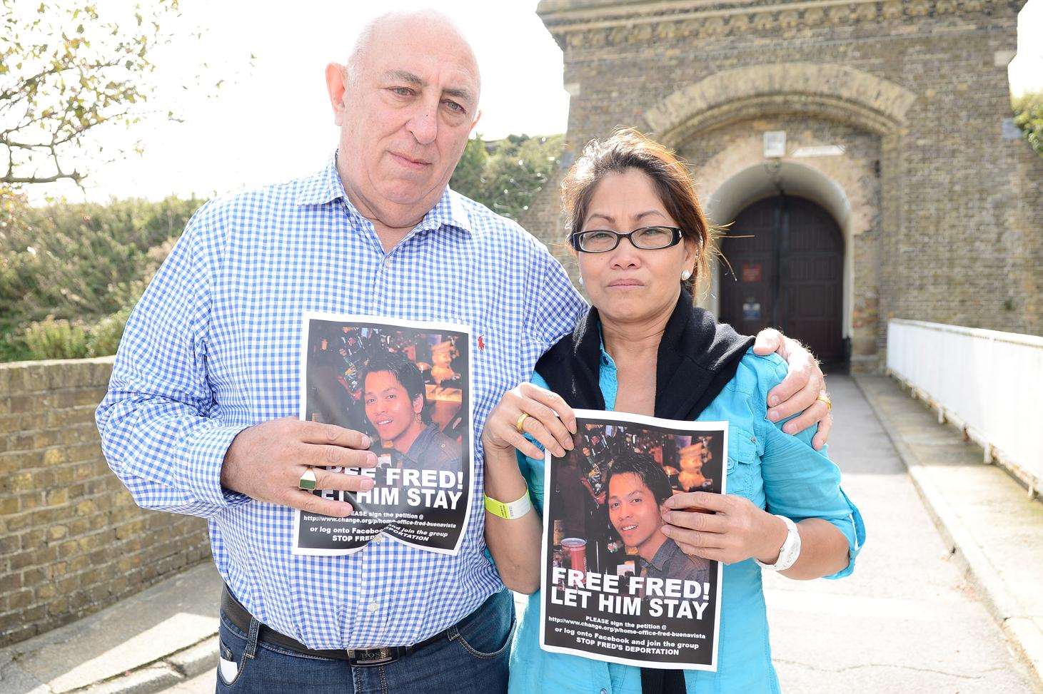 Parents Alan Pratt and Maria Buenavista outside the Dover immigration centre where Fred is being held