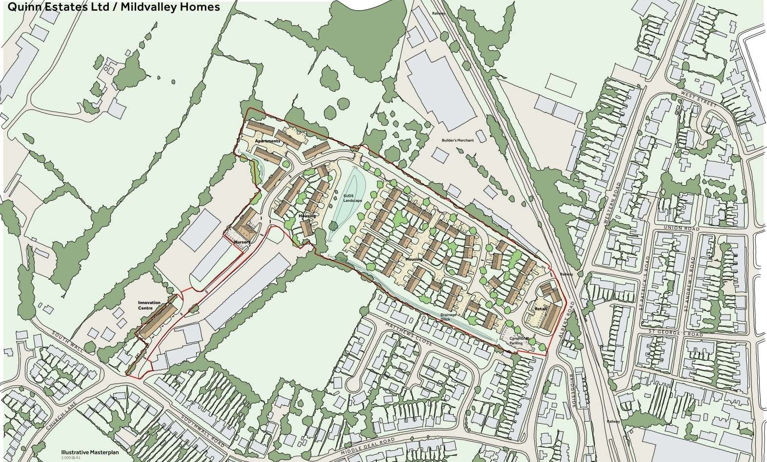Quinn Estates is proposing to build 142 houses, a nursery, an innovation centre, a small shop and a link road between Albert Road and Southwall Road