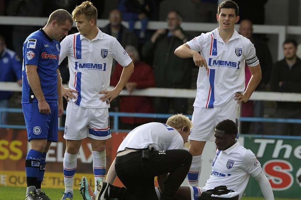 Kortney Hause requires treatment at Rochdale and, with Callum Davies and Joe Martin also crocked, Gills' injury list shows no signs of abating Picture: Barry Goodwin