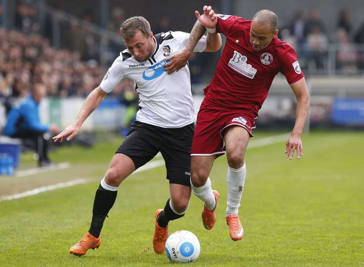 Dartford's Ryan Hayes tussles with Chelmsford's Luke Daley. Picture: Andy Jones
