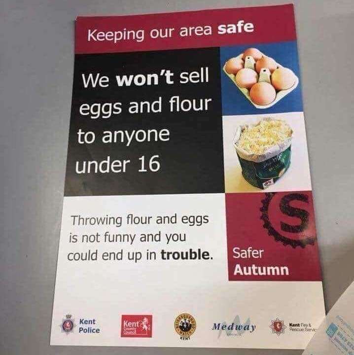 This poster released in 2018 encouraging shops not to sell eggs and flour to under 16s ahead of Halloween was branded discriminatory