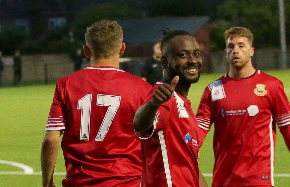 Whitstable frontman Steadman Callender gives the thumbs up in their 4-0 triumph over Erith & Belvedere this pre-season. Picture: Les Biggs
