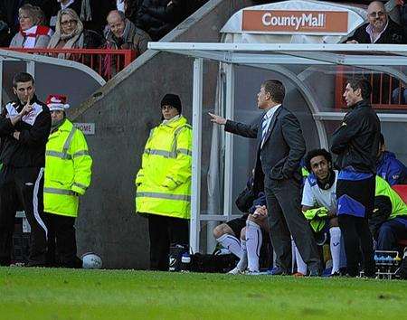 Manager Andy Hessenthaler argues with fourth official Michael Webb during the Crawley Town clash
