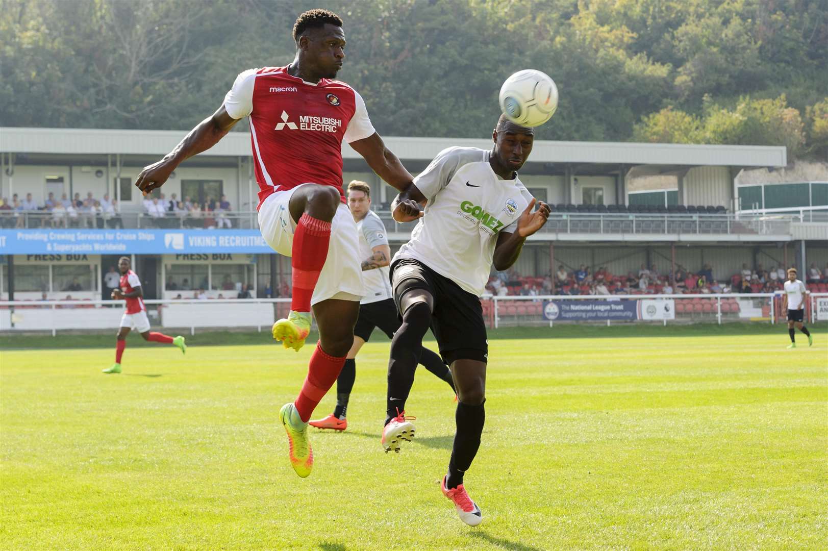 Tobi Sho-Silva heading the ball while playing for Dover last season. Picture: Andy Payton.