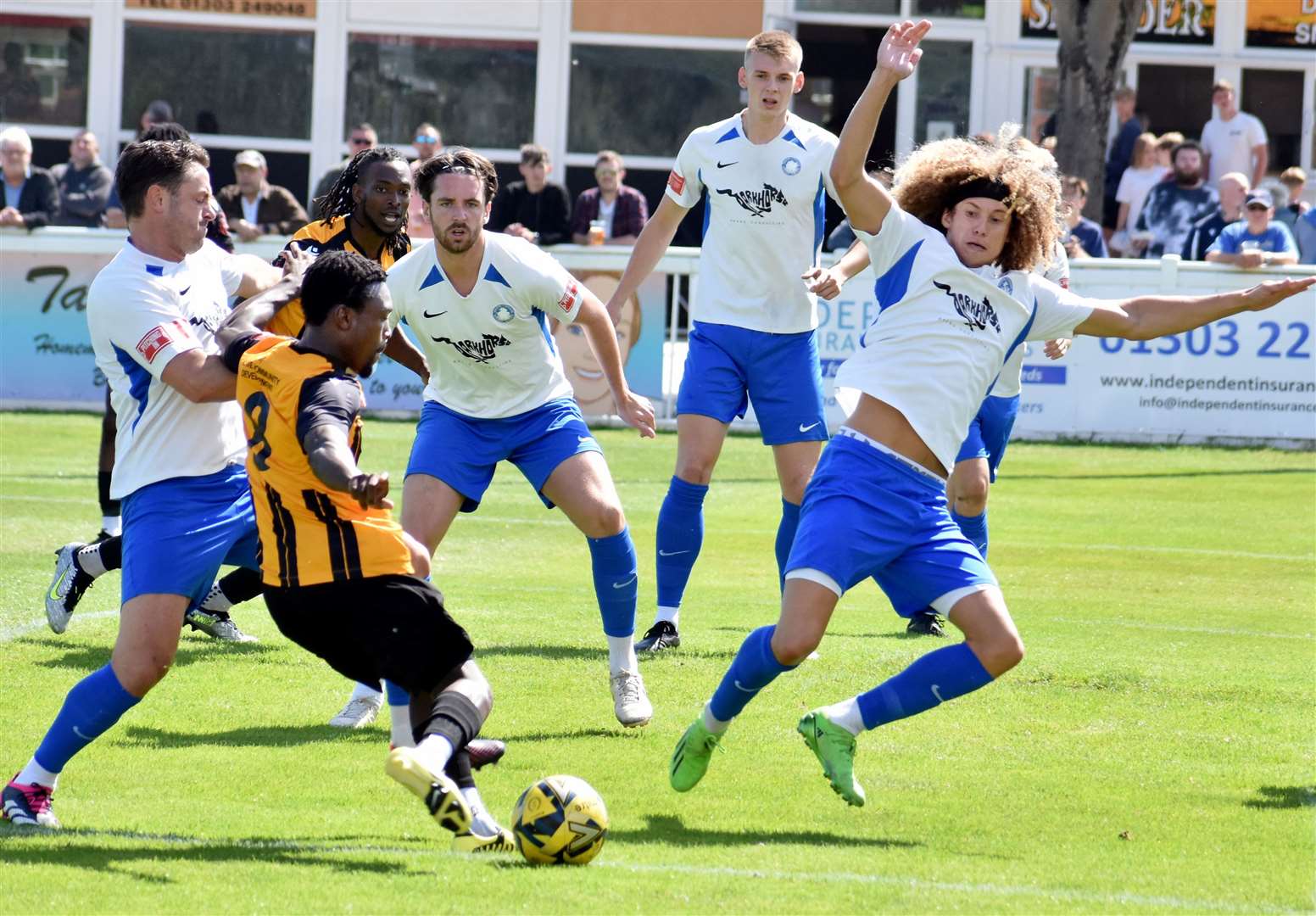 Midfielder Ade Cole on the ball for Folkestone in their 5-1 weekend friendly win over neighbours Hythe. Picture: Randolph File