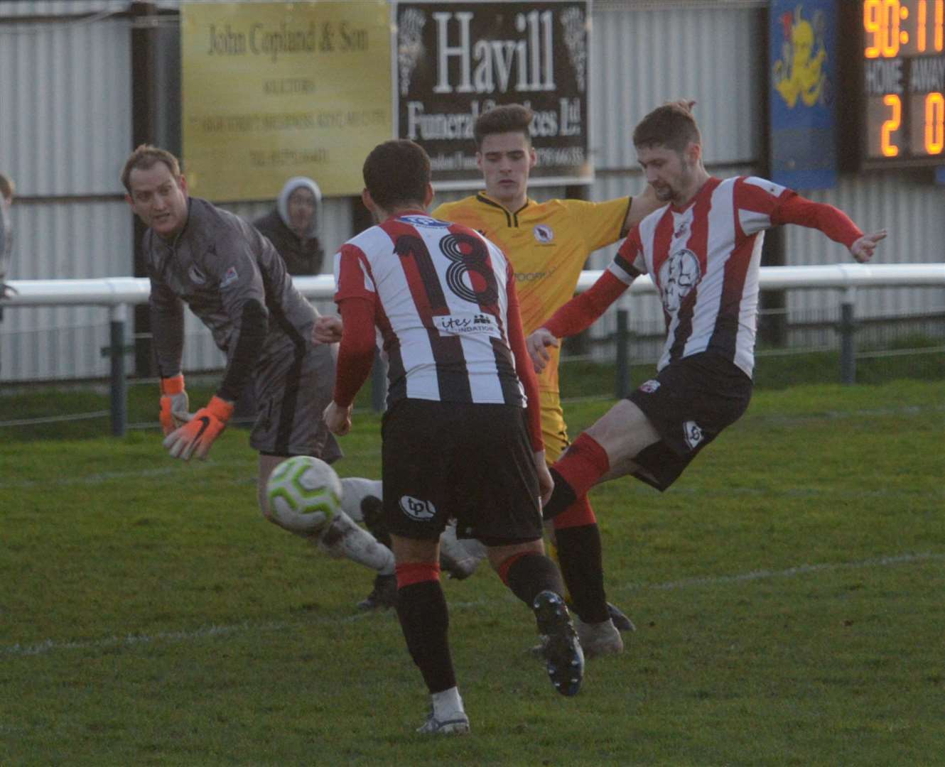 Dan Bradshaw completes his hat-trick in the Kent Senior Trophy semi-final against Bearsted Picture: Chris Davey