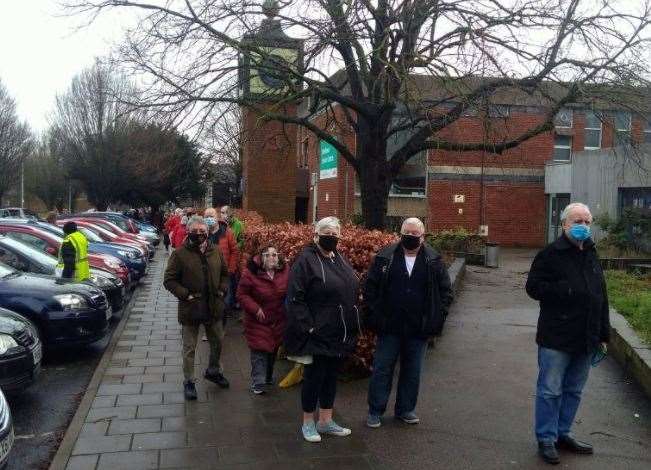 The queues stretched from the Age UK building and round to The Swallows car park as patients waited to get vaccinated yesterday. Picture: Cllr Roger Truelove
