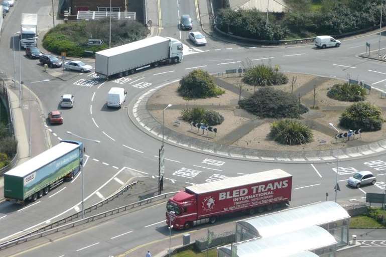 BEFORE: The Limekiln Street roundabout on the A20 at Dover before the road markings were changed.