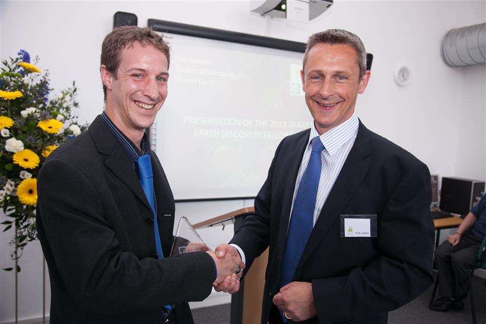 Richard Killian, left, a BSc student in commercial horticulture at Hadlow College, presented with 2013 Thanet Earth Discovery Fellowship by Robert James of Thanet Earth