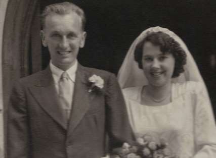 Peter's parents, Stanley Reginald and June Rosemary Milton, on their wedding day in 1950.