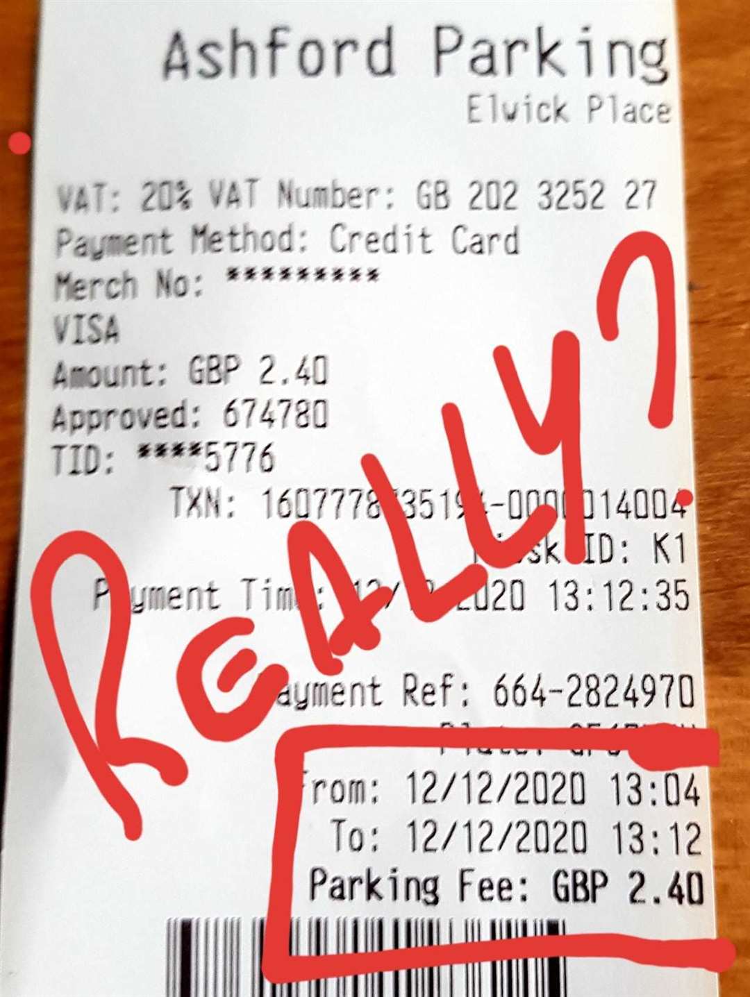 Ian Rampton took this picture of the receipt after being charged £2.40 for eight minutes of parking on Saturday, December 12