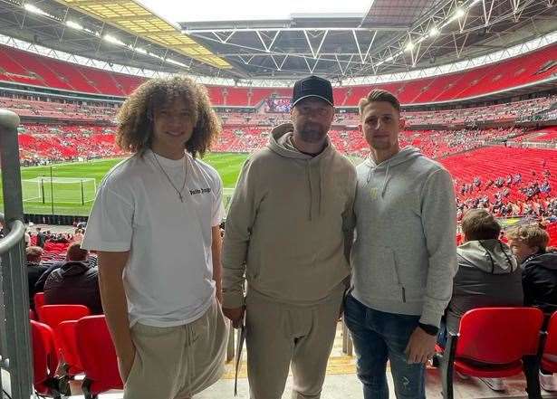Hythe manager Steve Watt, centre, with Jarred Trespaderne and Liam Smith at Wembley to cheer on Cannons old boy Darren Oldaker in National League play-off final.