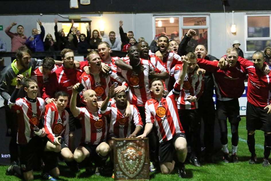 Sheppey & Sheerness United celebrate winning the Kent Intermediate Challenge shield