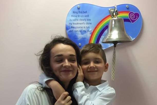 Blue Tobin, ringing the all-clear bell with his sister Kizzy Waite at the Royal Marsden Hospital. Picture courtesy of Francesca Waite