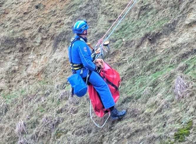 A coastguard officer lowers the dog to safety. Pic: Herne Bay Coastguard