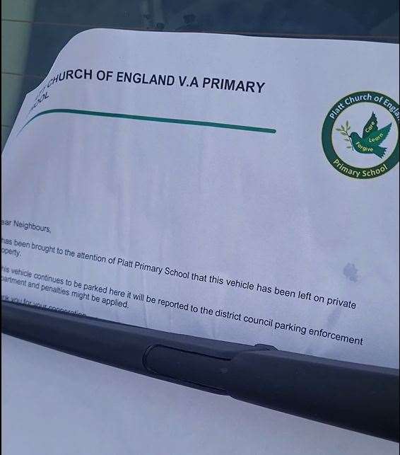 A letter left under a resident's windscreen wiper by Platt C.of E. Primary School