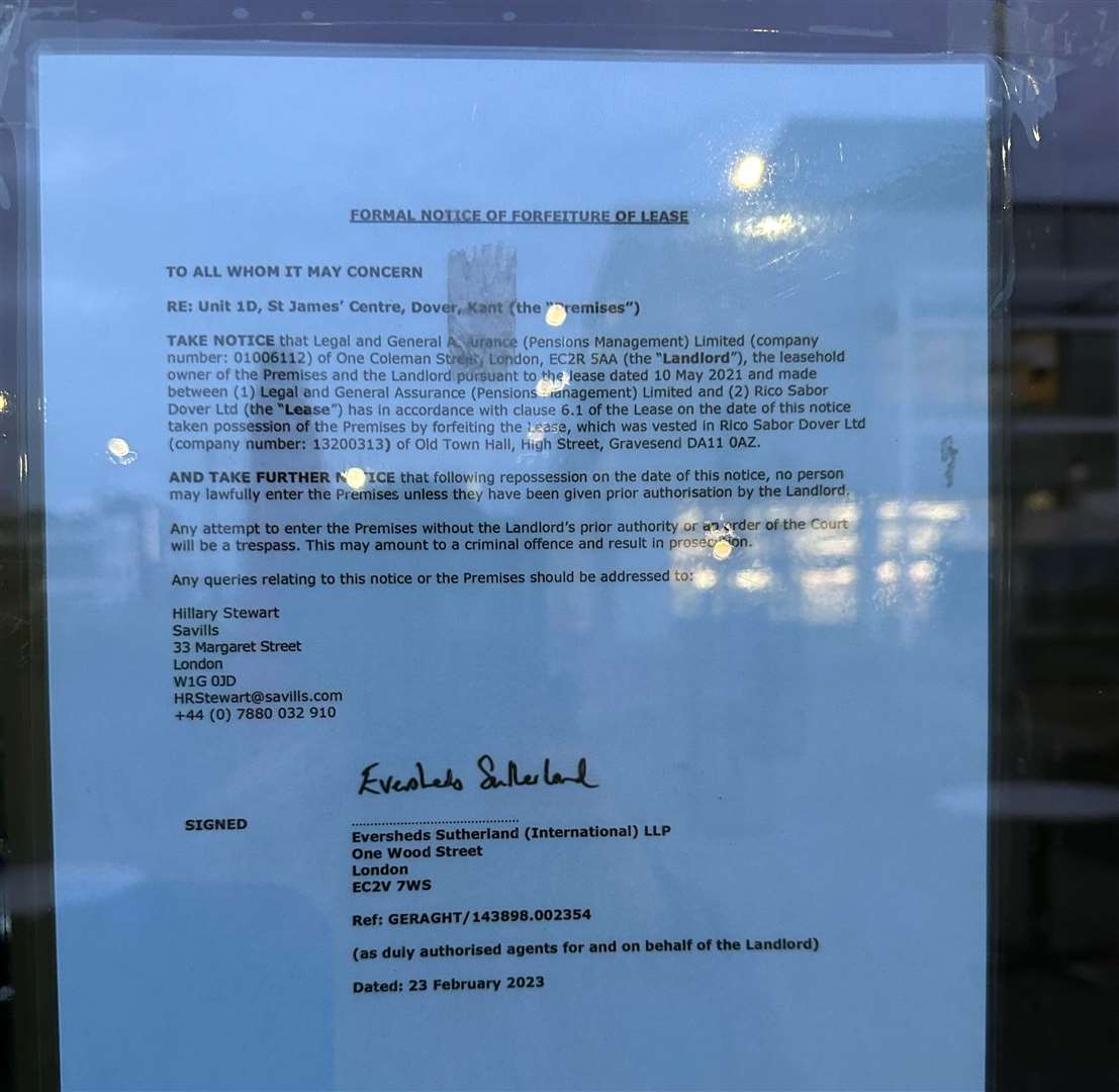A forfeiture notice has been placed on the doorof the Rico Sabor restaurant in Dover.