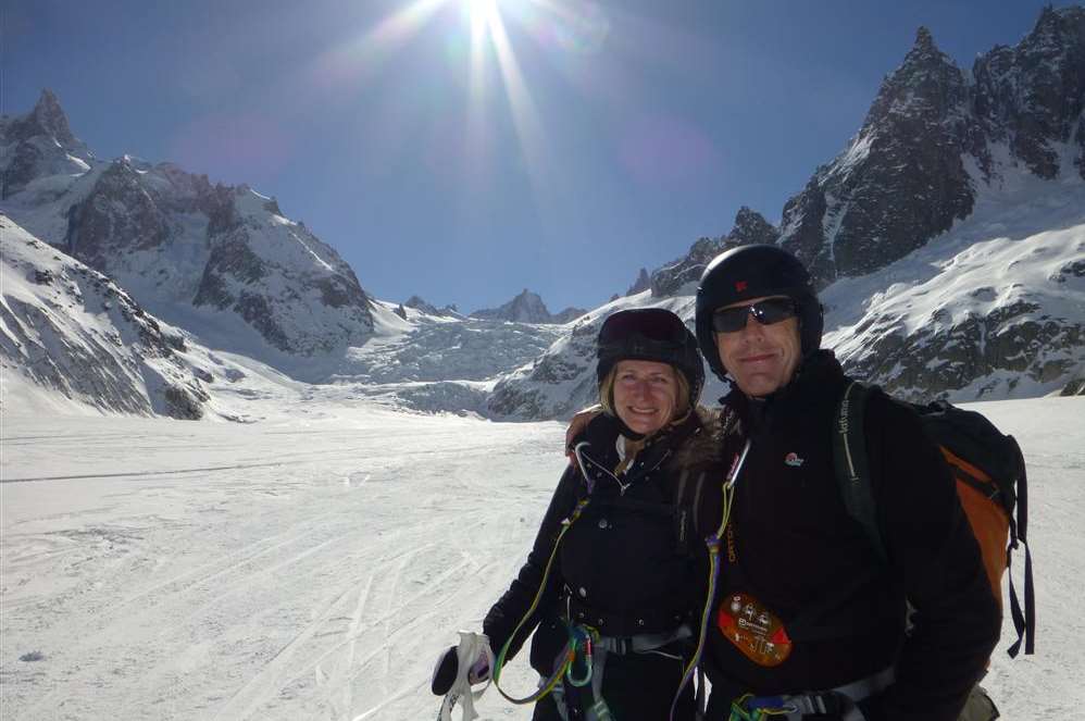 Gillian Metcalf and husband Charlie on the Vallee Blanche
