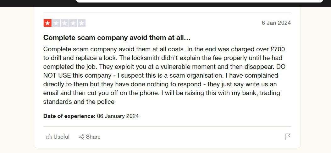 Other customers say they too have had poor experiences with Trust 24/7 Locksmith. Picture: Screenshot from Trust Pilot
