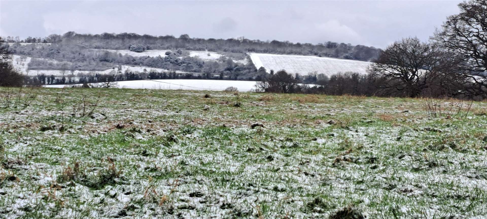 Snow in fields near West Malling, January 8, 2024. The hills are Birling Hill and the Pilgrims Way, overlooking Snodland and Birling