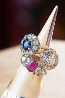 Diamond, ruby and sapphire rings given by Churchill's father to his wife which have been reunited especially for the In the Blood exhibition at Churchill's former home, Chartwell