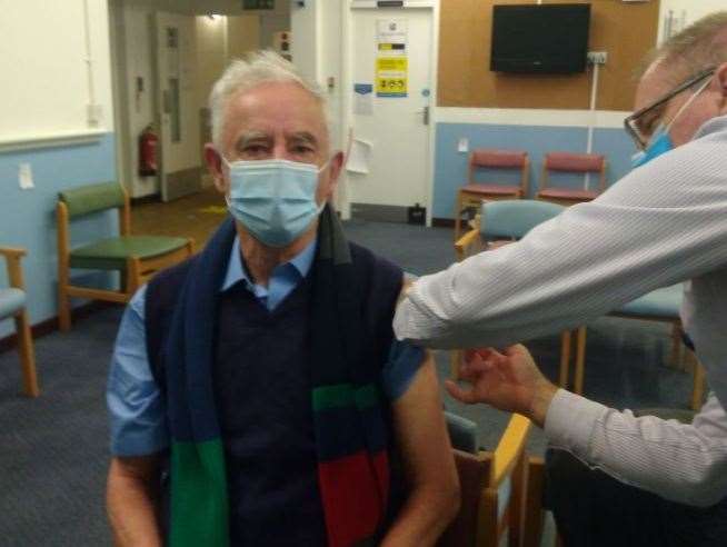 Roger Truelove, leader of Swale council, having his coronavirus jab at Sittingbourne's vaccination centre yesterday. Picture: Cllr Roger Truelove