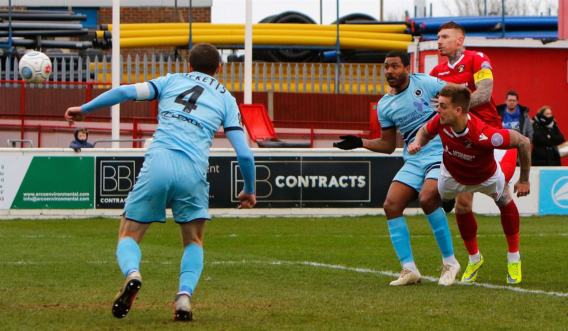Defender Sam Magri scores Fleet's second goal against Boreham Wood Picture: Andy Jones