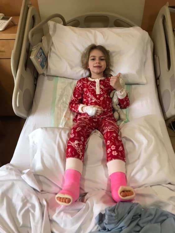 Ellice Barr, seven, pictured after surgery to lengthen her calves on Friday