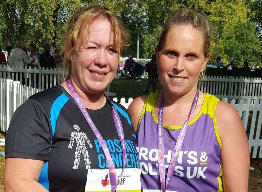 Debbie Hyland (right) with friend Rachel O'Neill after completed a half marathon in aid of Crohn's and Colitis UK