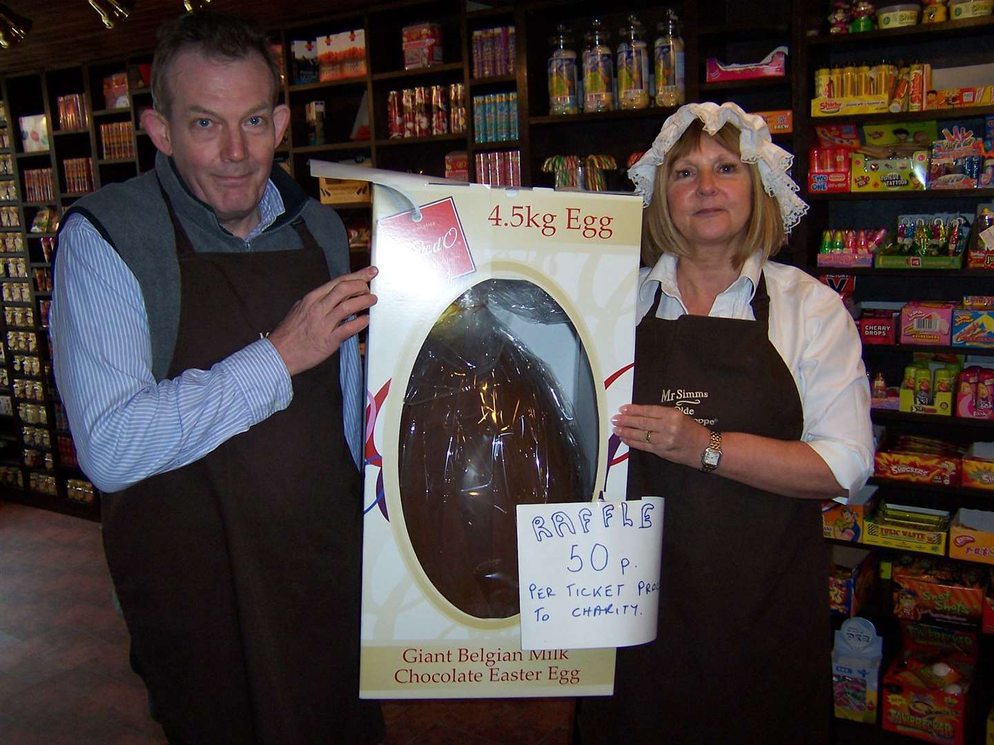 The Suddards pictured six months after opening, holding a giant Easter egg which they raffled in aid of the Padua ward at the William Harvey Hospital
