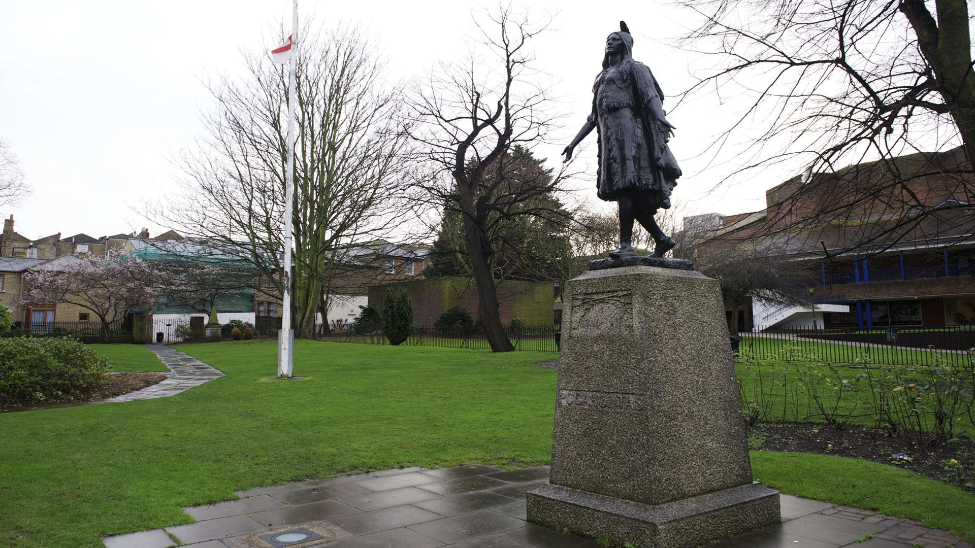 The statue of Native American princess, Pocahontas, in the grounds of St George's Church, Gravesend