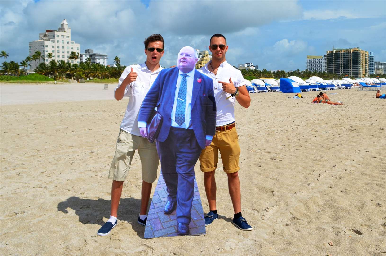 James with pal Daniel Falvey during their tour of the States with a cardboard Eric Pickles