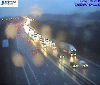 Traffic is queuing on the M20 clockwise this mornign following multiple accidents in the area. Phot: Highways England. (24465026)