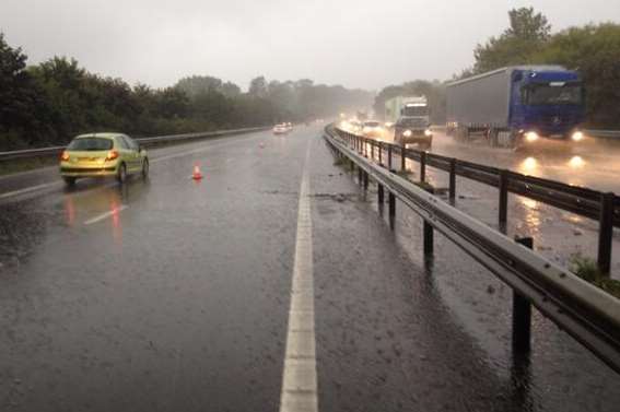 Flooding closed one lane of the M2 coastbound. Picture: @KentPoliceRoads