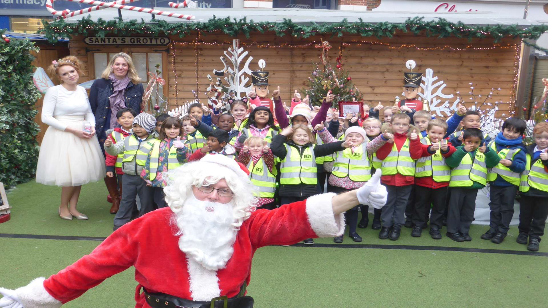 Year 1 at St Thomas' RC Primary School, Canterbury meet Father Christmas at Whitefriars after being named the city's walk to school champions.