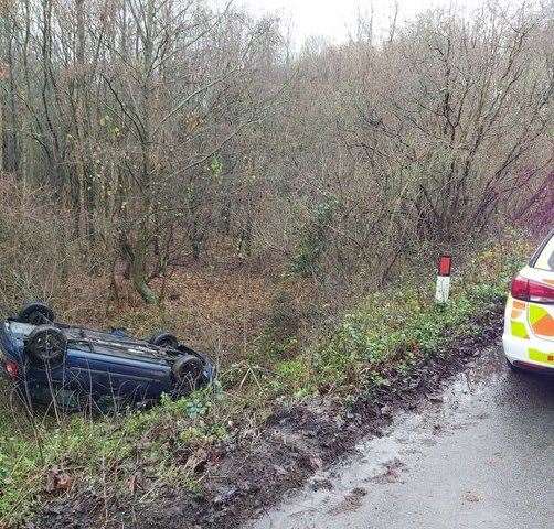 The car ended up in a ditch next to the carriageway in Bekesbourne Lane, Canterbury. Picture: @KentPoliceCbury