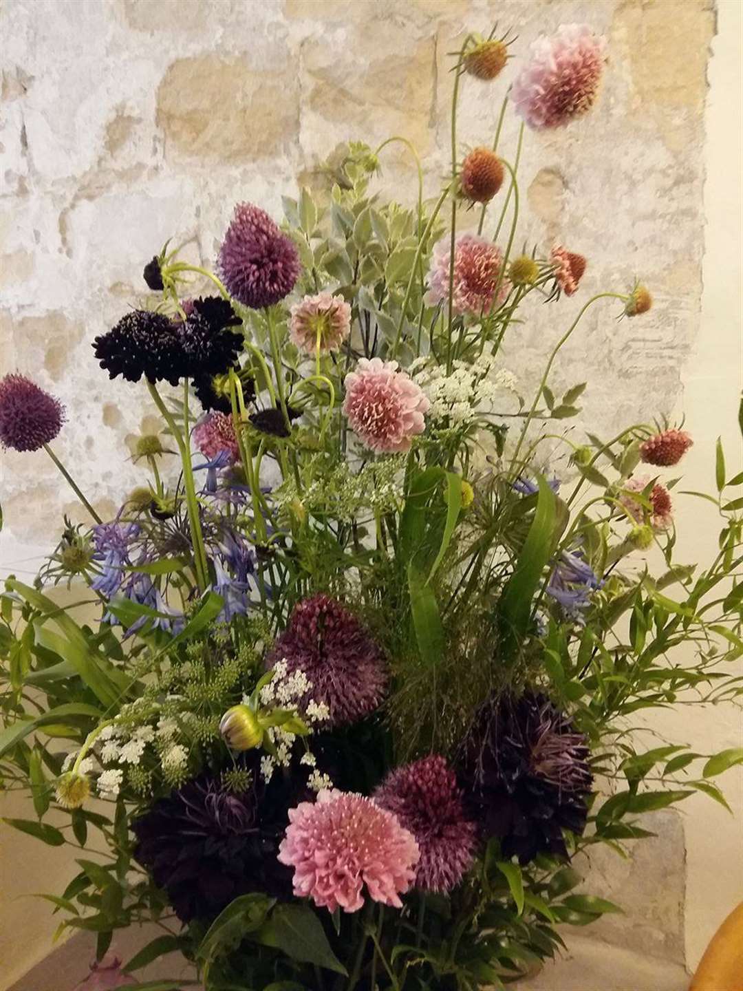 A display for the tea rooms, scabiosa salmon queen and black knight
