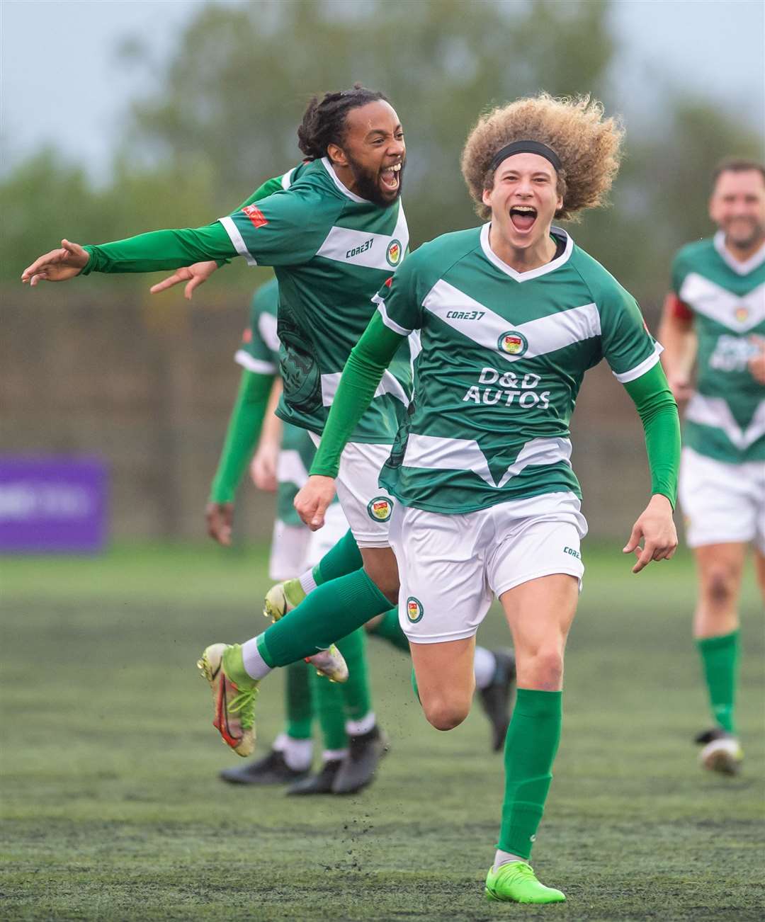 Jarred Trespaderne celebrates scoring in his first game since rejoining Ashford from Hythe. Picture: Ian Scammell