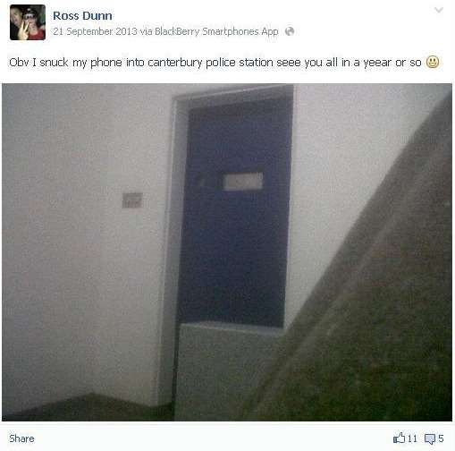 A picture inside Canterbury police station posted on Facebook by criminal Ross Dunn