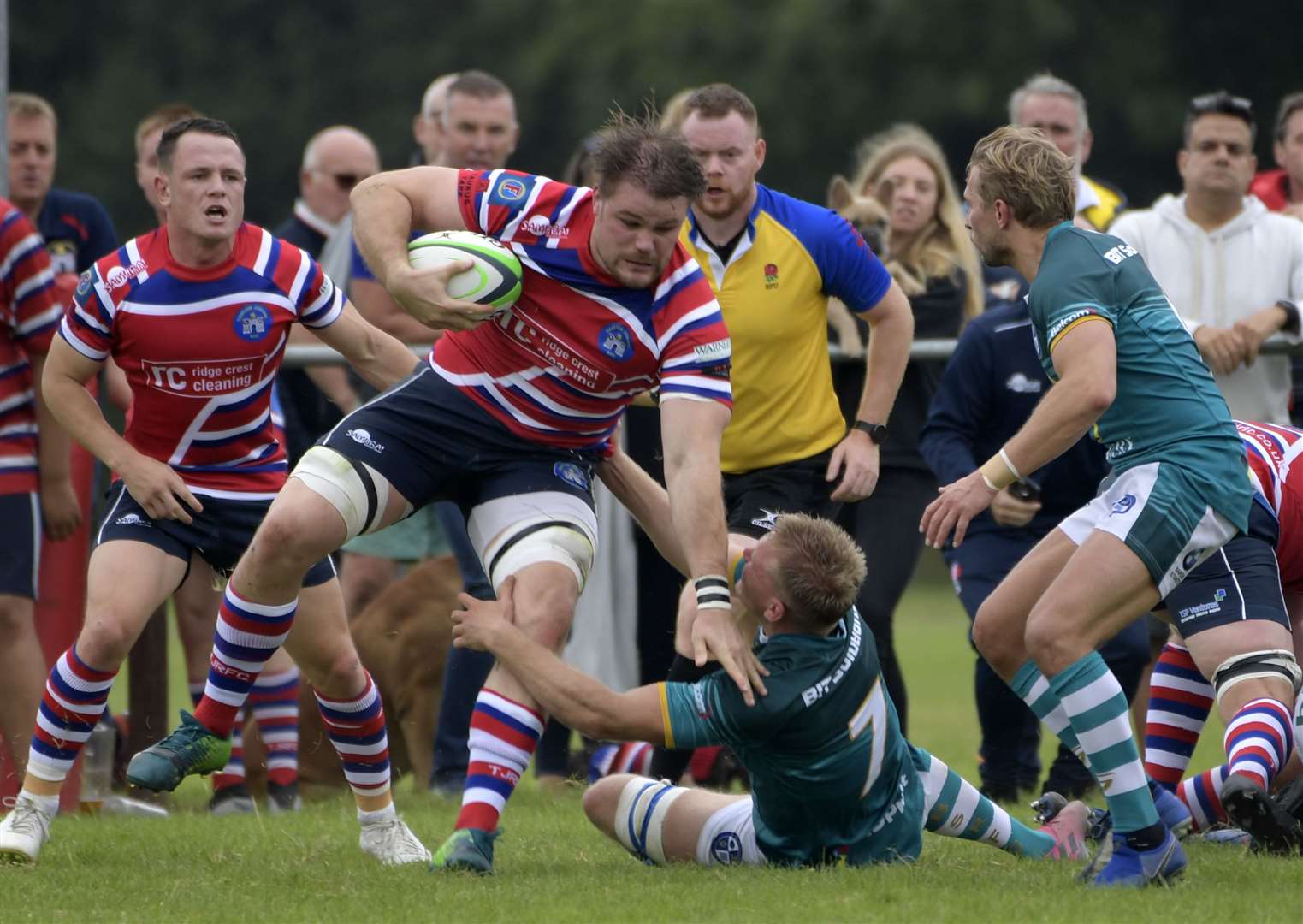 Tonbridge Juddians (red) do battle with Bishop's Stortford on Saturday. Picture: Barry Goodwin (50899795)