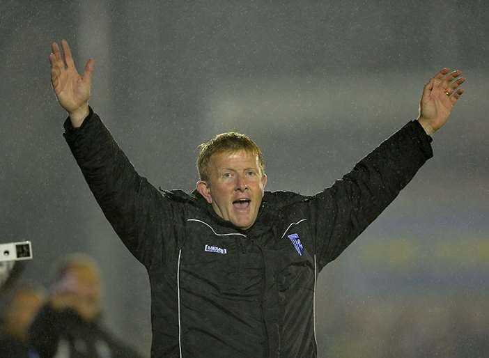 Gills boss Ady Pennock appeals for a decision at AFC Wimbledon Picture: Ady Kerry