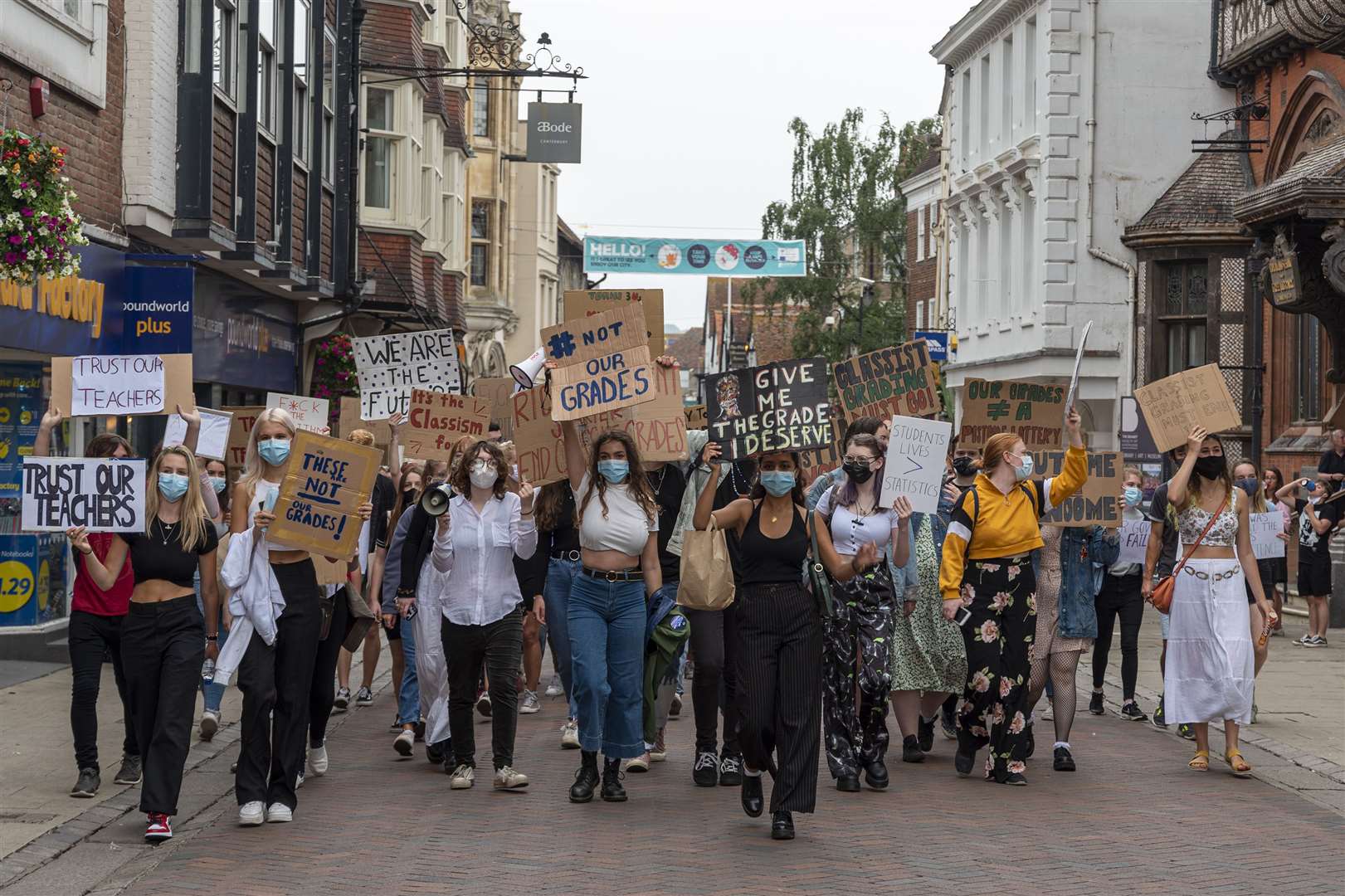 Pupils march through Canterbury city centre on Sunday in protest over the grading of this year's A-levels. Picture: Jo Court